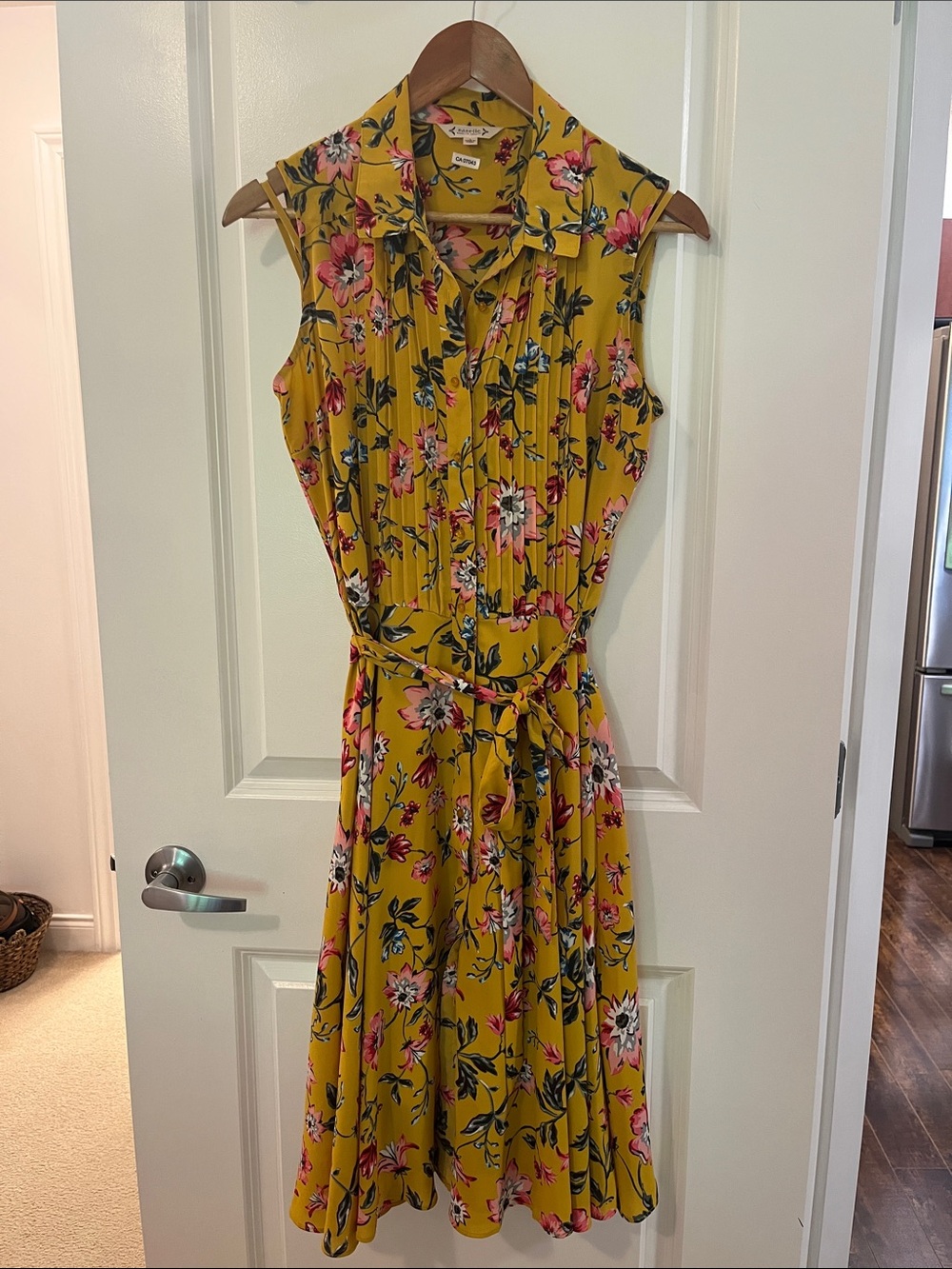 Nanette Lepore Mustard Yellow Floral Sleeveless Collared Tie-Waist Dress